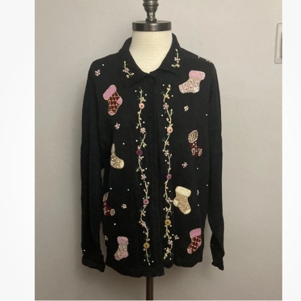11-30 B.P. Design Women XL Black Christmas Holiday Cardigan Sweater Pastel